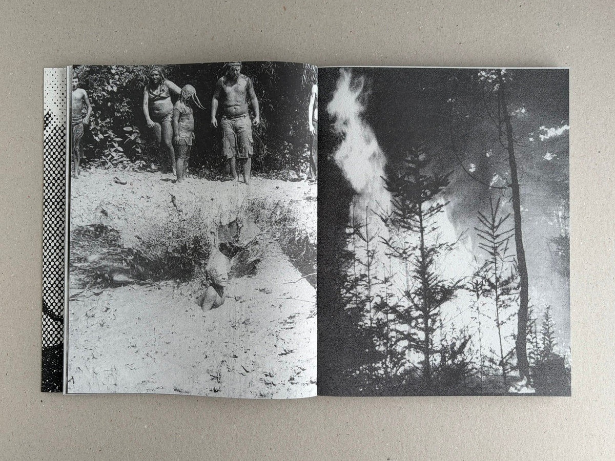Fishworm by Pia Paulina Guilmoth and Jesse Bull Saffire, open spread showing black-and-white photographs of people at a wooded riverbank and a smoky forest scene.