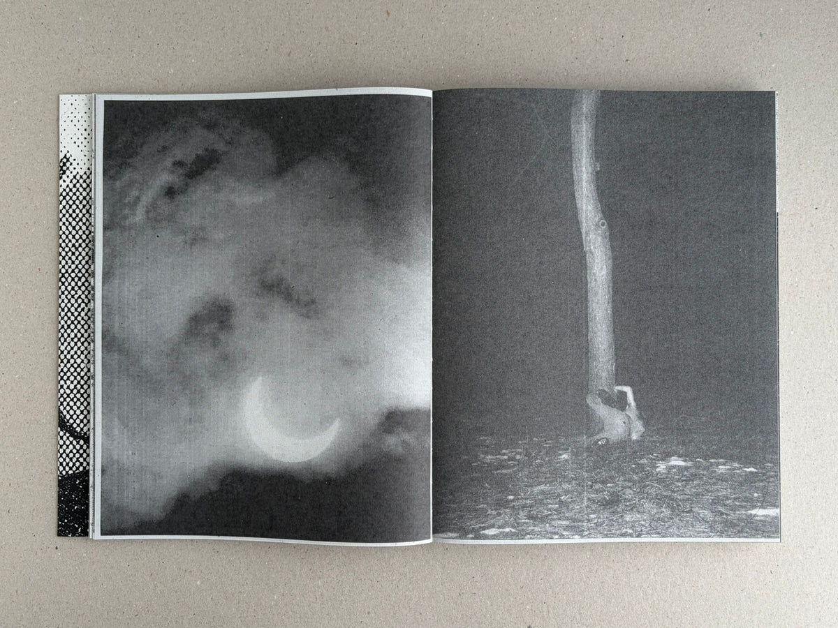 Fishworm by Pia Paulina Guilmoth and Jesse Bull Saffire, open black-and-white spread with a blurred moonlit image on the left and a figure beneath a tall tree on the right.