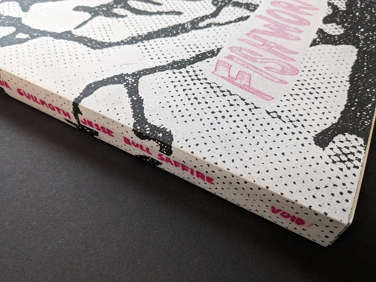 Angled view of the Fishworm photobook cover and spine, with halftone drawing and the pink Fishworm title and authors’ names.