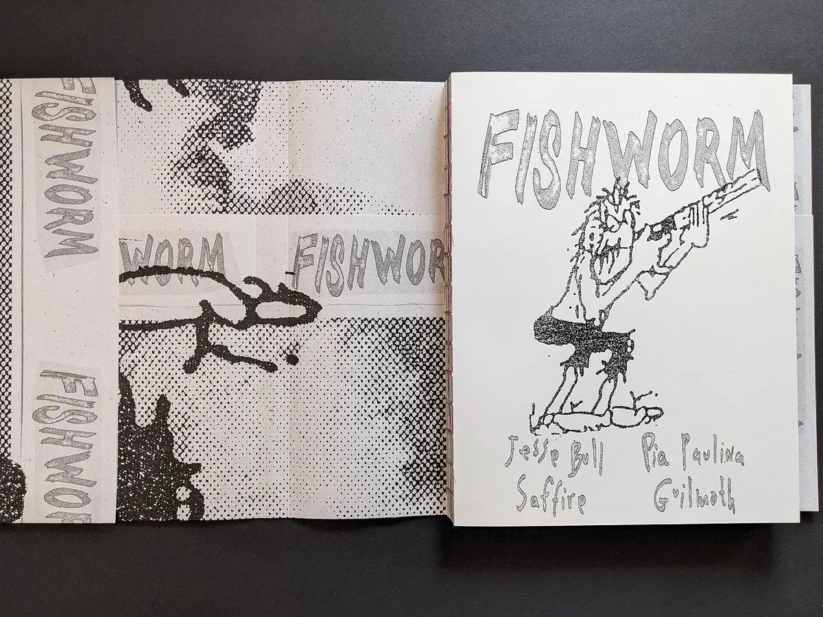 Fishworm photobook dustjacket partially unfolded, showing halftone collage, large FISHWORM title and handwritten authors’ names.