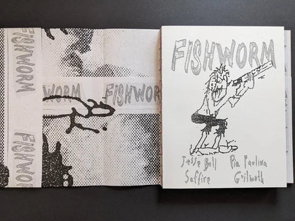 Fishworm photobook dustjacket partially unfolded, showing halftone collage, large FISHWORM title and handwritten authors’ names.