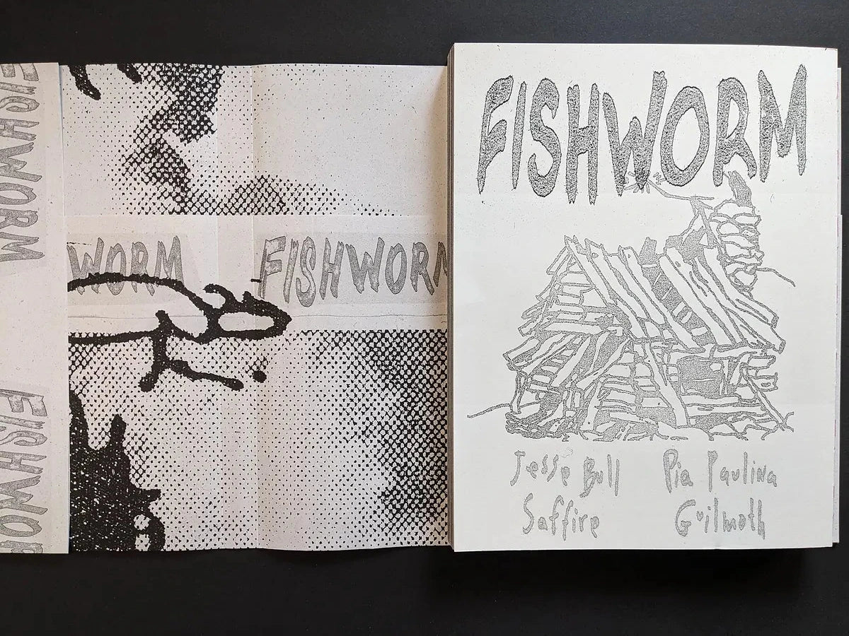 Fishworm photobook dustjacket fully unfolded with layered halftone textures, repeated FISHWORM titles and abstract drawing.