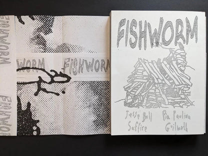 Fishworm photobook dustjacket fully unfolded with layered halftone textures, repeated FISHWORM titles and abstract drawing.