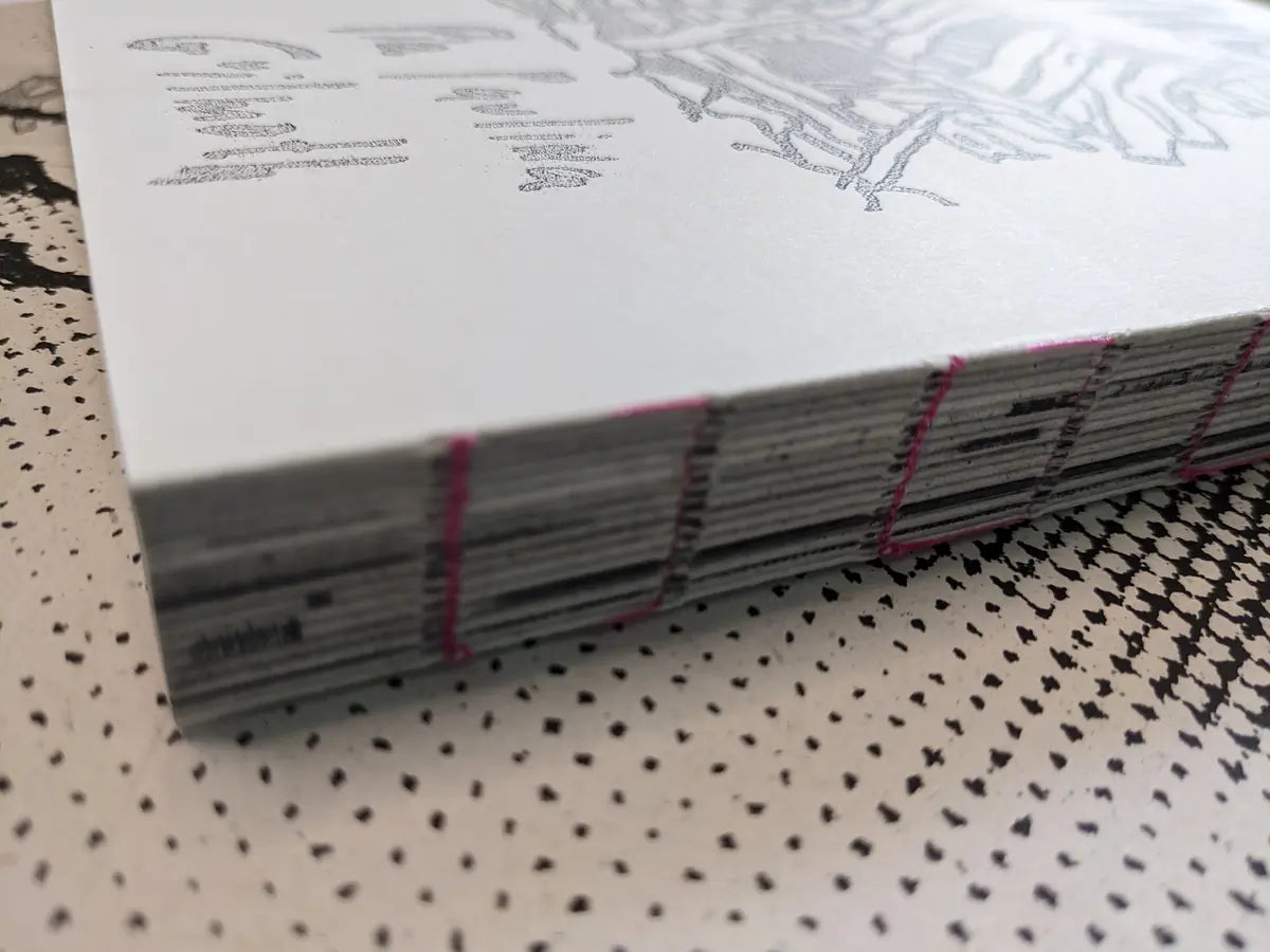 Close-up of the Fishworm photobook’s exposed binding, showing stacked Xeroxed pages and pink stitching along the spine.