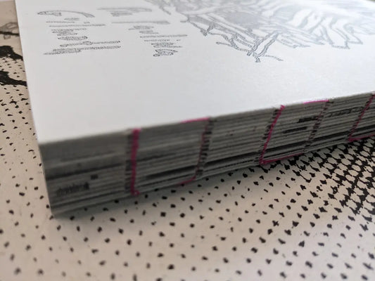 Close-up of the Fishworm photobook’s exposed binding, showing stacked Xeroxed pages and pink stitching along the spine.