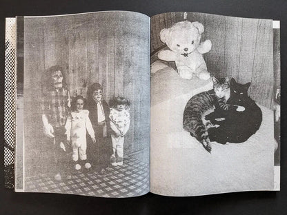 Interior spread from Fishworm with vintage group portrait of children on the left and two cats curled on the floor beside a toy bear  on the right.