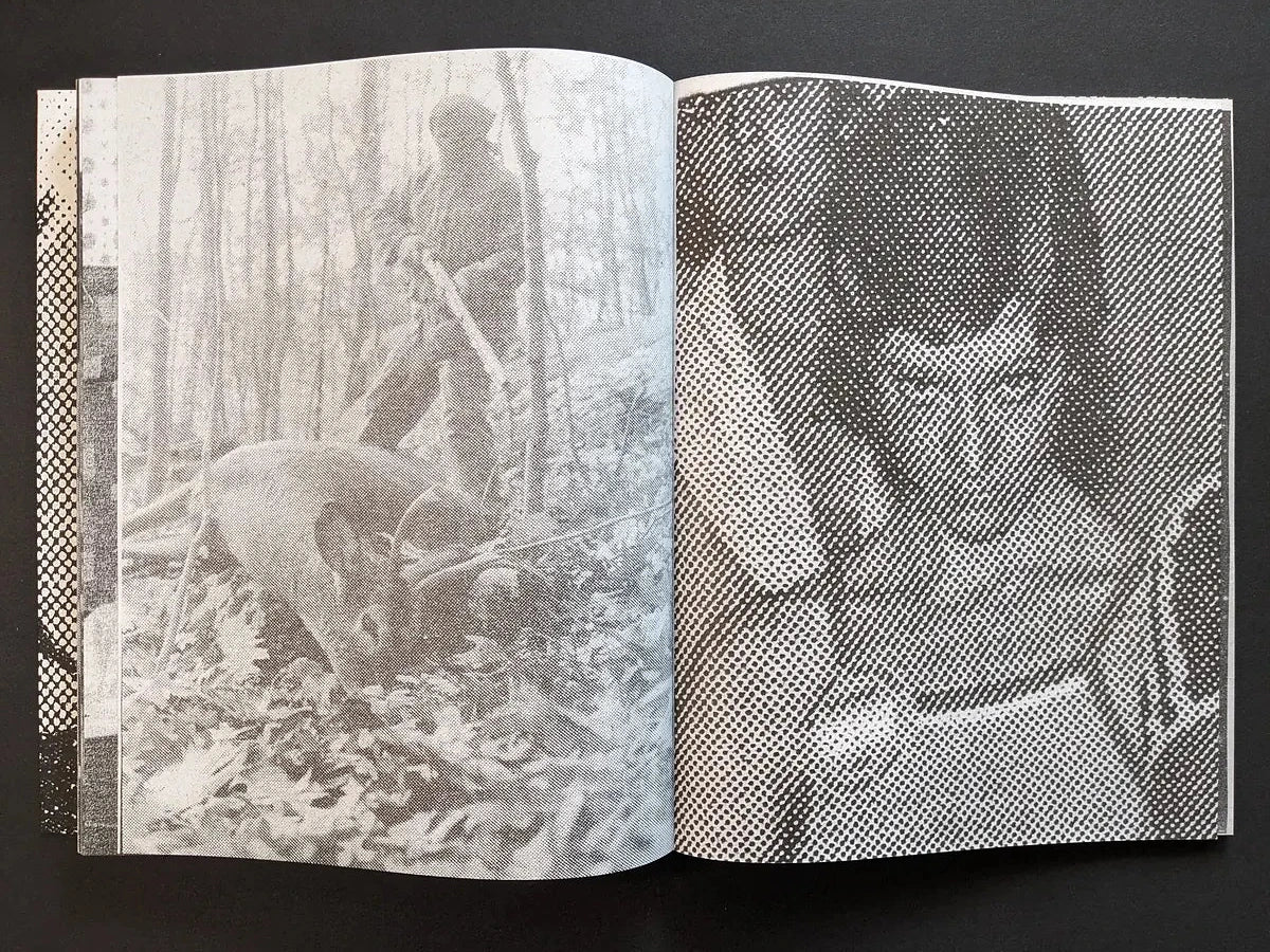 Interior spread from Fishworm with a deer hanging among trees in a wooded scene on the left and a halftone close-up portrait on the right.