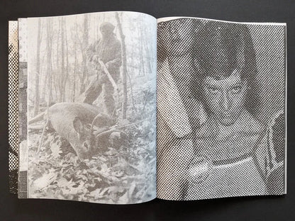 Interior spread from Fishworm with a deer hanging among trees in a wooded scene on the left and a halftone close-up portrait on the right.