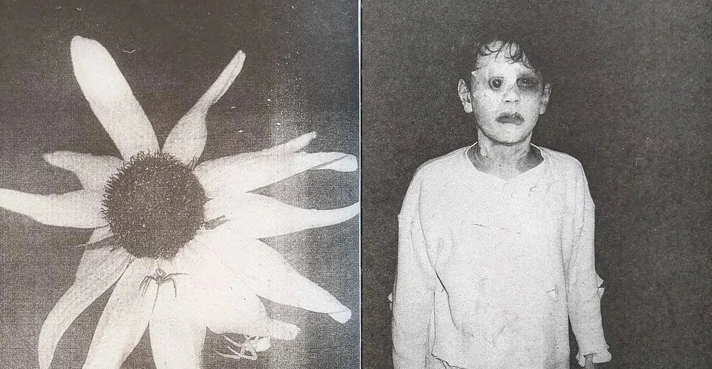 Interior spread from Fishworm showing a large white flower in coarse Xerox texture on the left and a frontal portrait of a child in a plain shirt on the right.