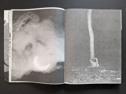 Interior spread from Fishworm with a hazy crescent moon in clouds and a lone figure sitting under a tree.