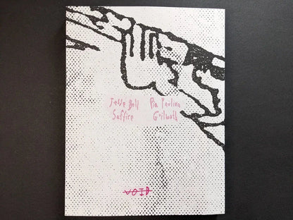 Fishworm photobook back cover with halftone drawing of a bent figure and pink handwritten names on a white field.