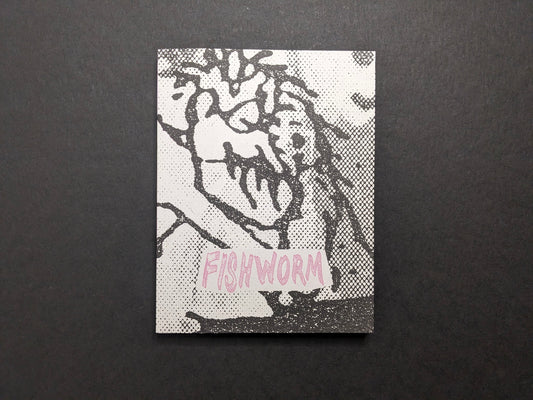 Fishworm photobook front cover by Pia Paulina Guilmoth and Jesse Bull Saffire, grainy black and white drawing with title on white.