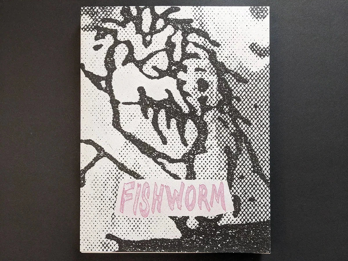 Fishworm photobook front cover by Pia Paulina Guilmoth and Jesse Bull Saffire, grainy black and white drawing with title on white.