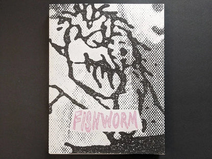 Fishworm photobook front cover by Pia Paulina Guilmoth and Jesse Bull Saffire, grainy black and white drawing with title on white.