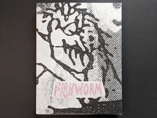Fishworm photobook front cover by Pia Paulina Guilmoth and Jesse Bull Saffire, grainy black and white drawing with title on white.