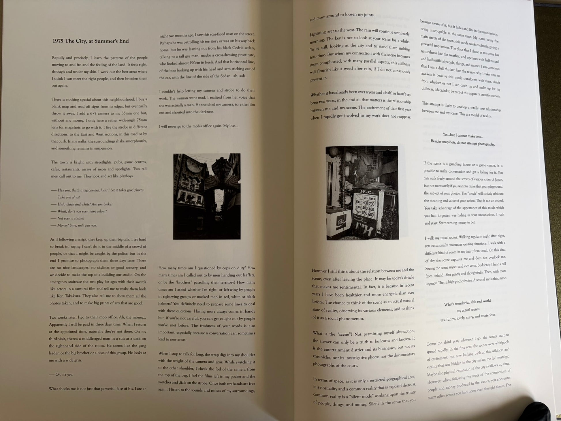 Flash Up by Seiji Kurata, open book to an essay page with text and small inset photographs