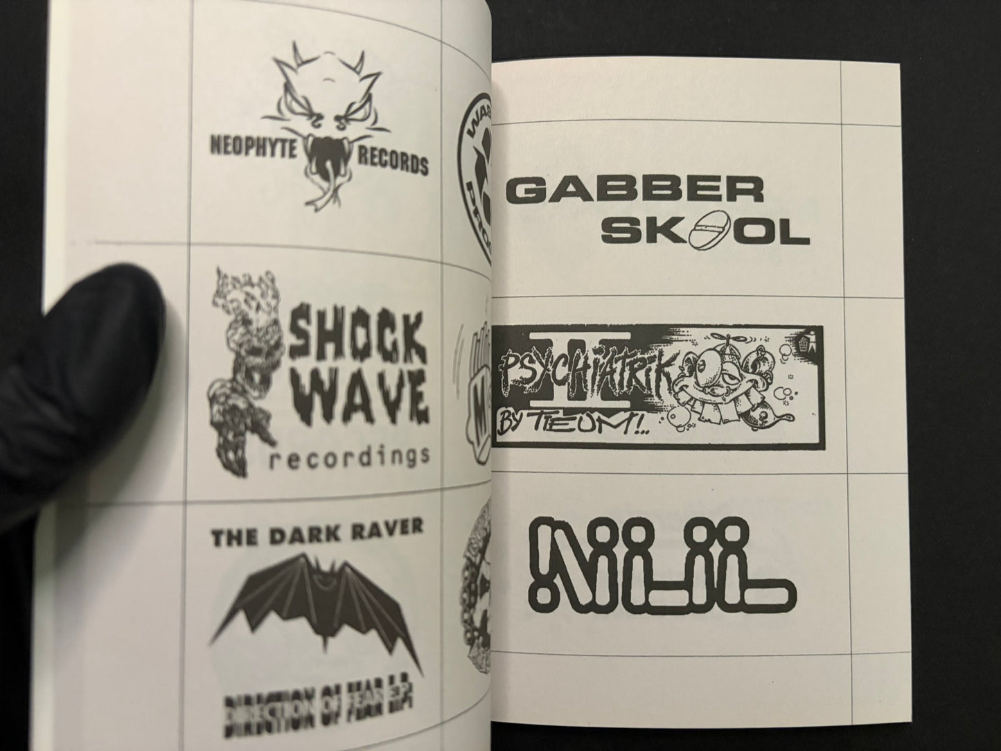 Open spread from Gabber / Hardcore Logos (1990–2024) with multiple logo studies, including Neophyte Records, Gabber Skool, Shock Wave, and The Dark Raver.