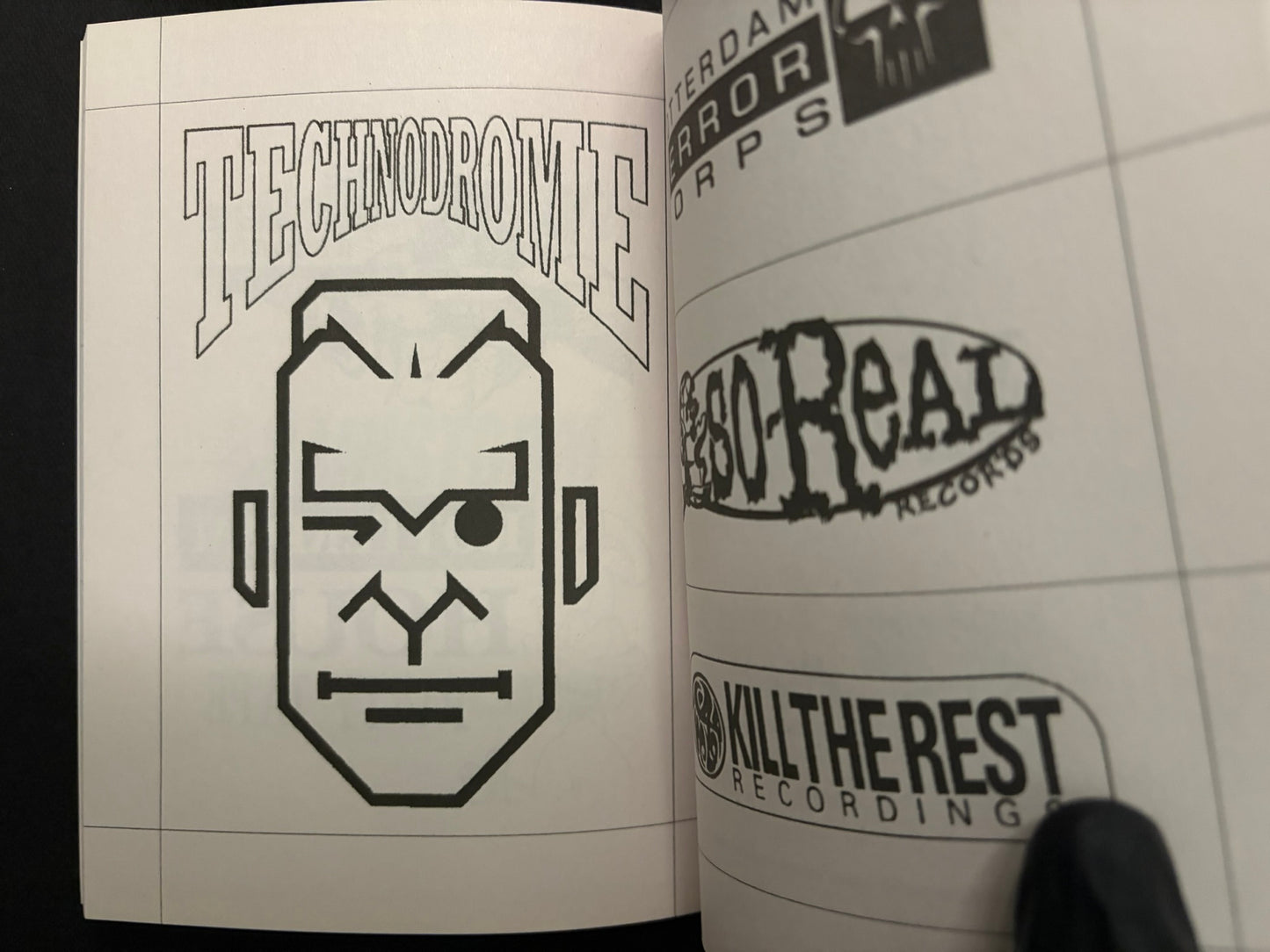 Open spread from Gabber / Hardcore Logos (1990–2024) with bold techno-style lettering and several logo marks on facing pages.