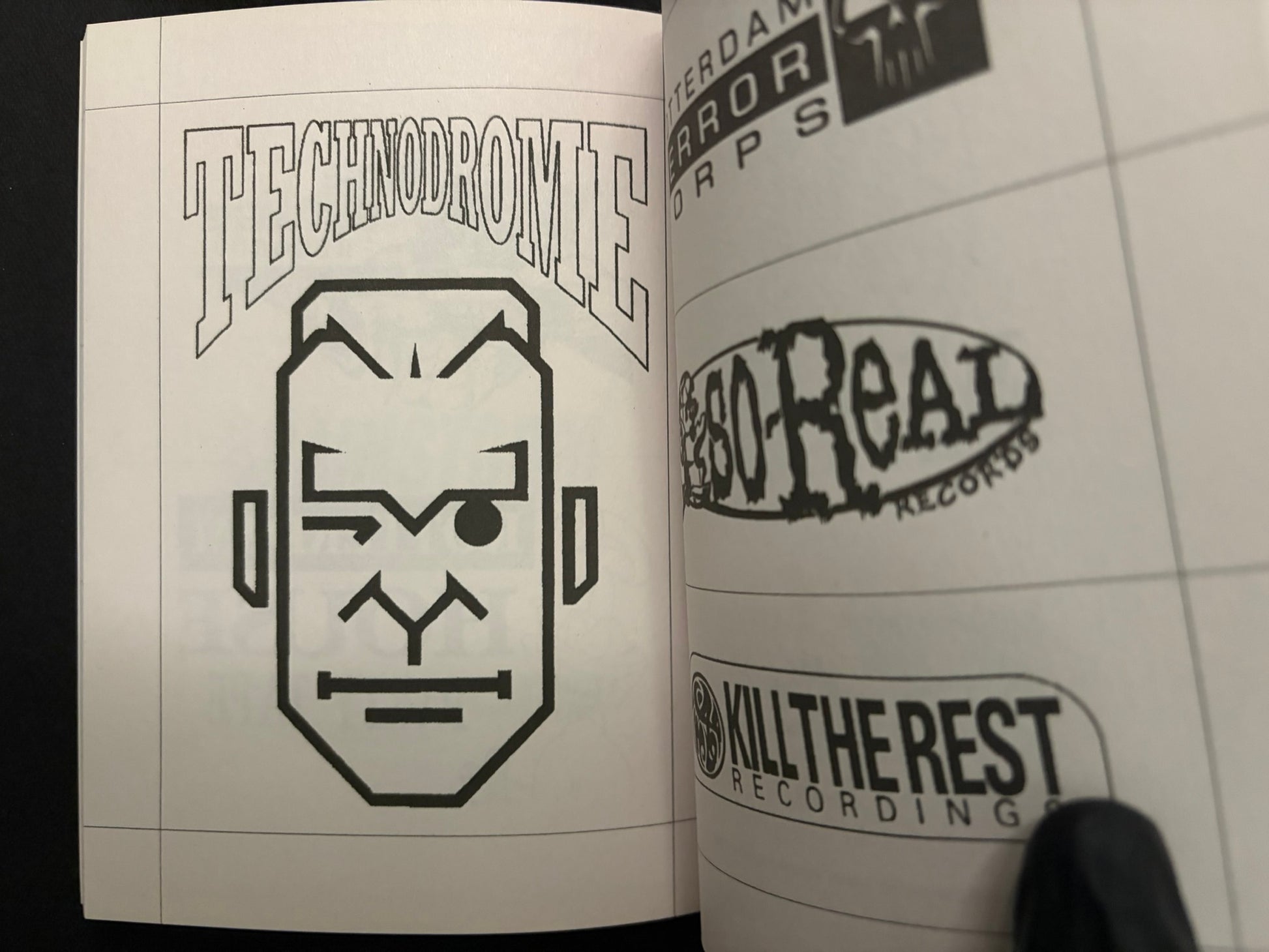 Open spread from Gabber / Hardcore Logos (1990–2024) with bold techno-style lettering and several logo marks on facing pages.