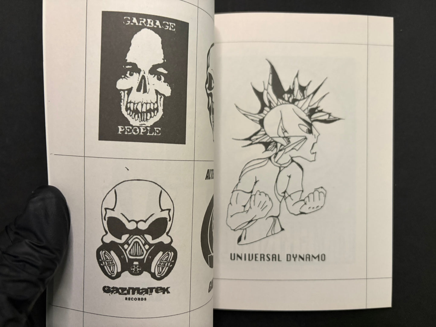 Open spread from Gabber / Hardcore Logos (1990–2024) showing black-and-white gabber and hardcore logo designs, including skull and mask motifs.