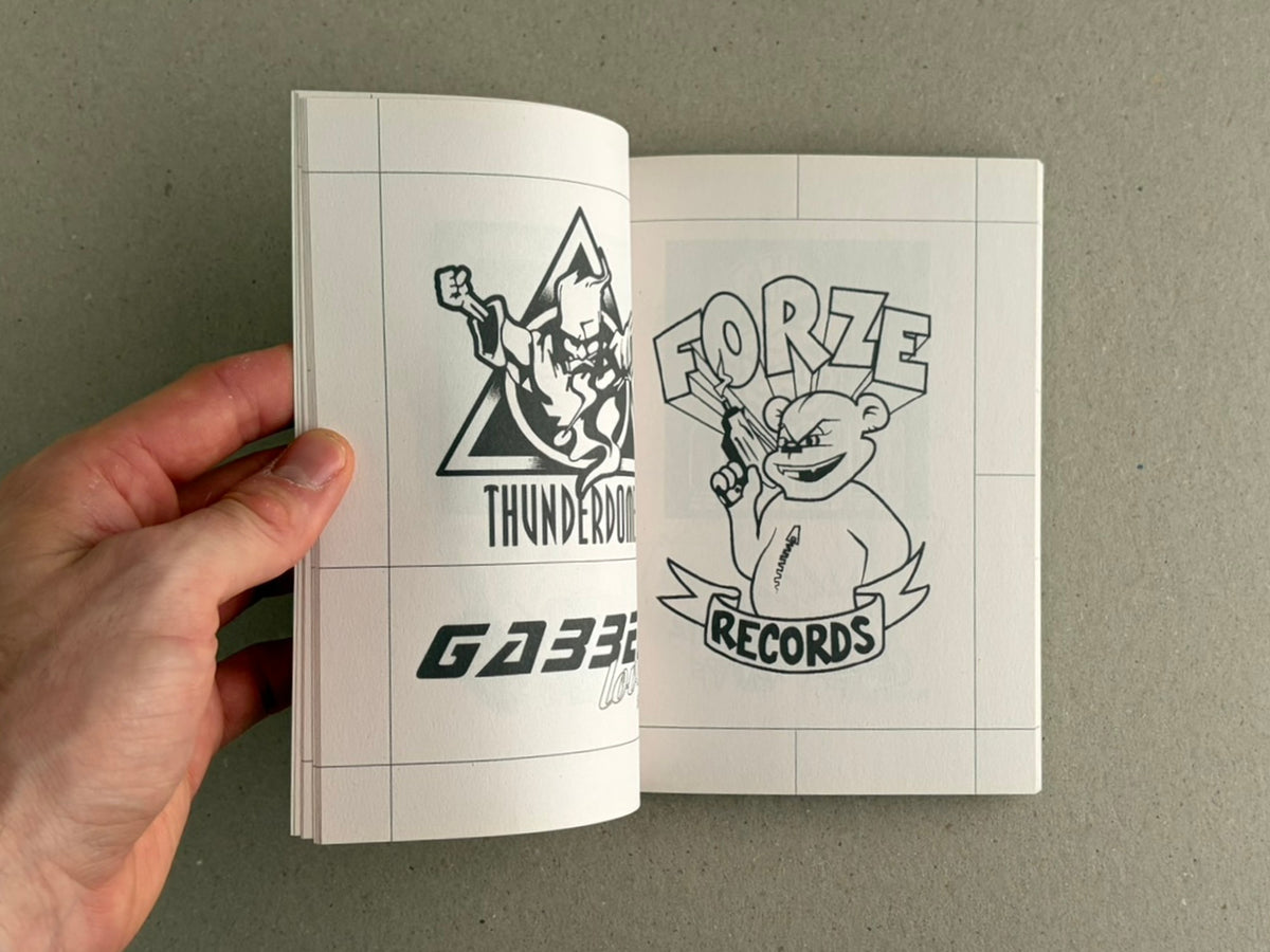 Gabber / Hardcore Logos (1990–2024) open to interior pages with logo variations, including a figure mark and a FORZE Records graphic