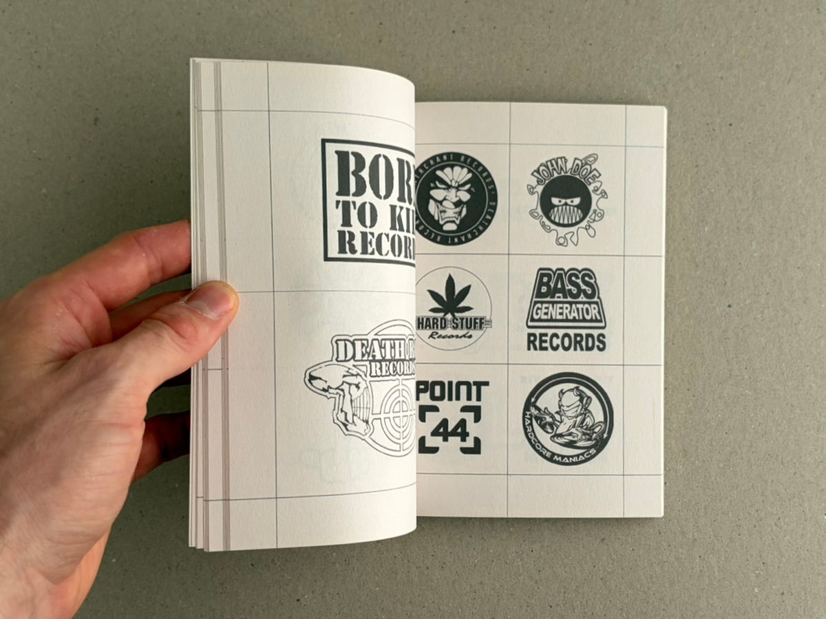 Gabber / Hardcore Logos (1990–2024) open to interior pages with multiple black-and-white record label logos in a grid