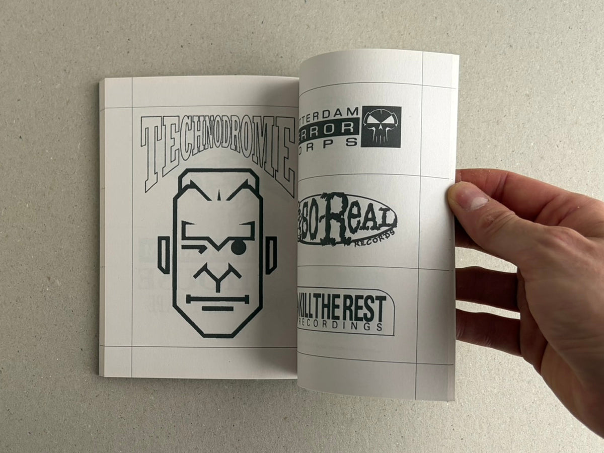 Gabber / Hardcore Logos (1990–2024) open to interior pages with dense logo grids, including Technodrome, Hardcore Mafia, and other record marks