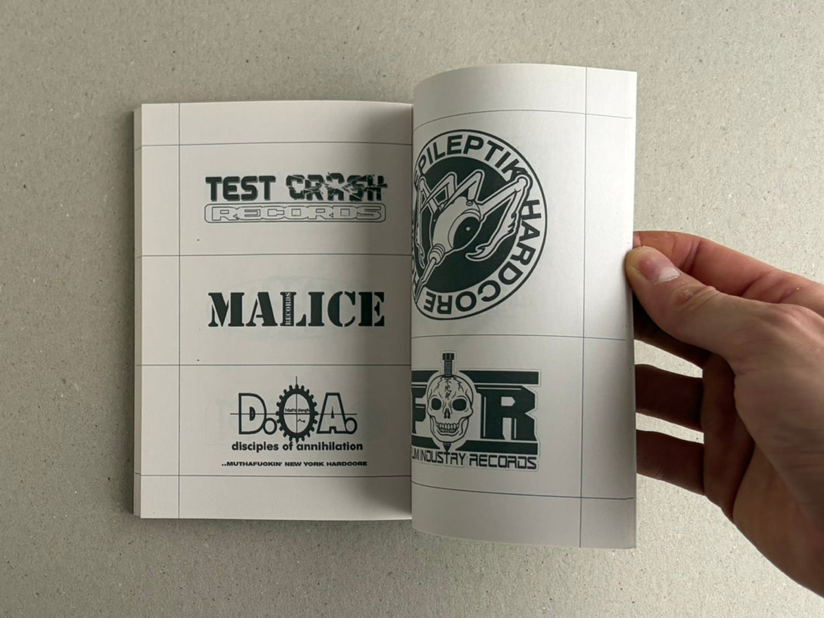 Gabber / Hardcore Logos (1990–2024) open to interior pages with a grid of small gabber and hardcore logo marks