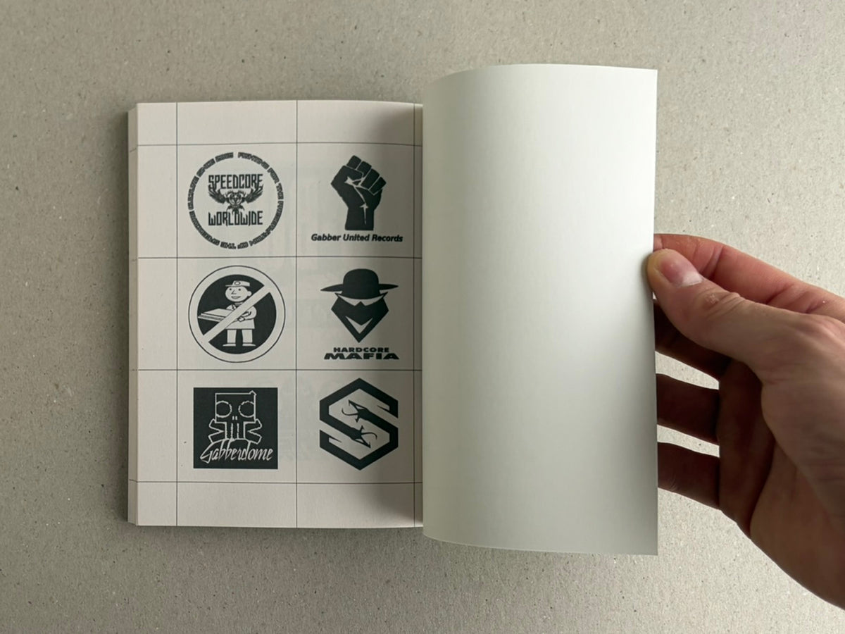 Gabber / Hardcore Logos (1990–2024) open to interior pages with small black-and-white logo marks on a grid layout