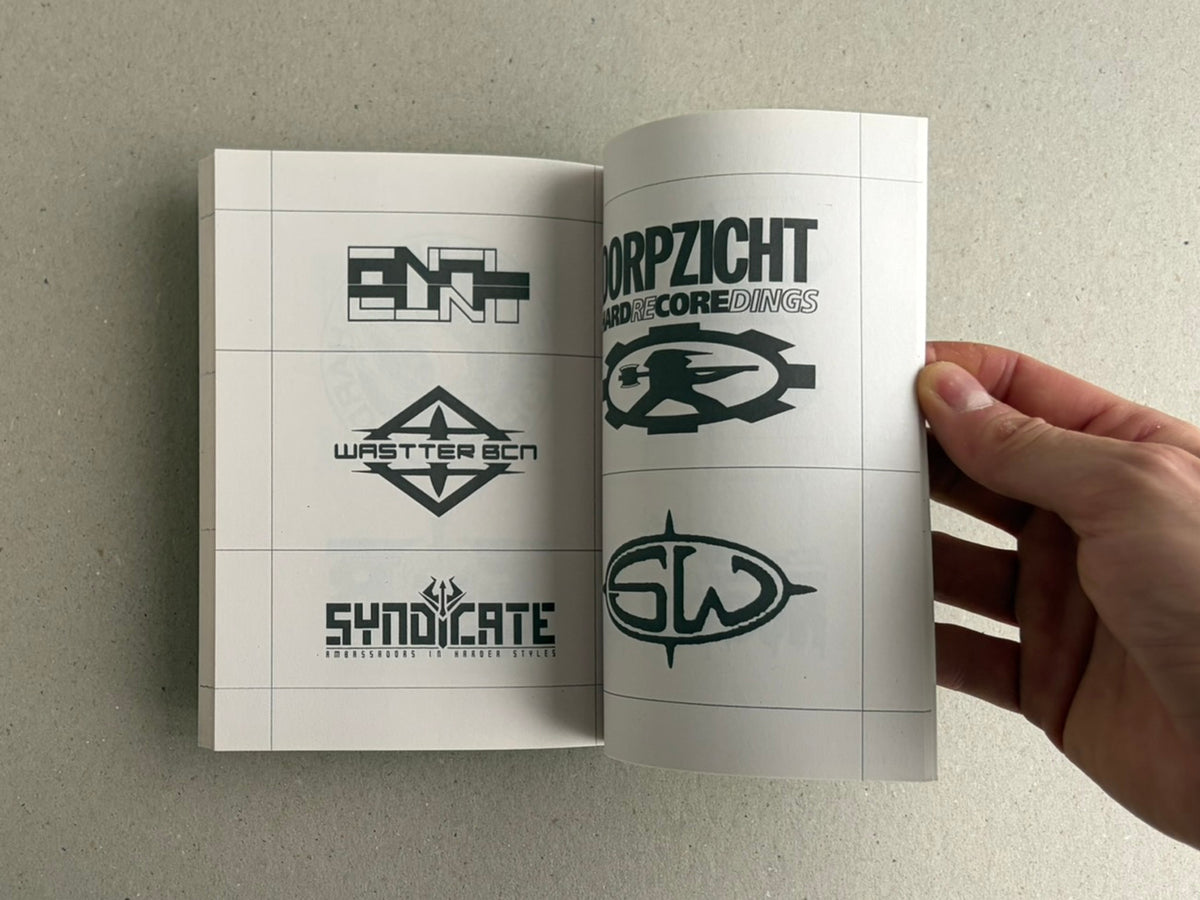 Gabber / Hardcore Logos (1990–2024) open to interior pages with logo grids and bold wordmarks, including Technodrome and Wastter BCN