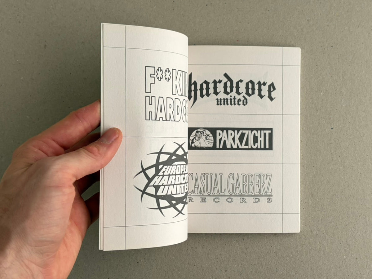 Gabber / Hardcore Logos (1990–2024) open to interior pages with gabber and hardcore logos, including bold wordmarks and circular emblems