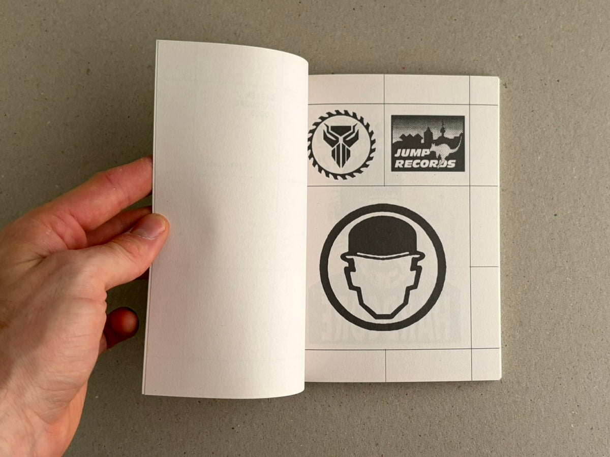Gabber / Hardcore Logos (1990–2024) open to interior pages with black-and-white hardcore logos and a hand holding the book