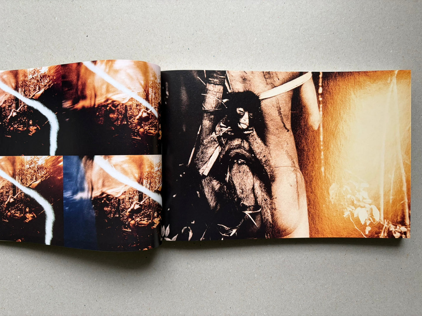 Genocídio do Yanomami by Claudia Andujar, open spread with a colour photograph of a figure in the forest