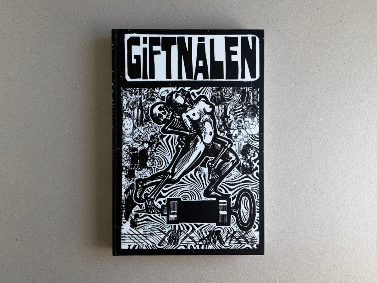 GIFTNÅLEN no 1 by Kristian Olsson, front cover of a black-and-white hardcover book with bold title lettering and dense illustrated artwork.