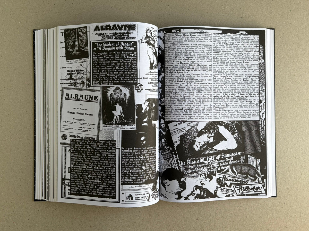 Open spread from GIFTNÅLEN no 1 by Kristian Olsson, showing black-and-white collage pages with dense text, posters, and archival imagery.