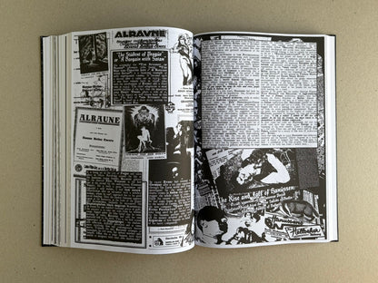 Open spread from GIFTNÅLEN no 1 by Kristian Olsson, showing black-and-white collage pages with dense text, posters, and archival imagery.