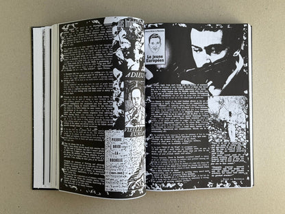 Open spread from GIFTNÅLEN no 1 – Kristian Olsson, showing dense black-and-white collage pages with text and portrait imagery.