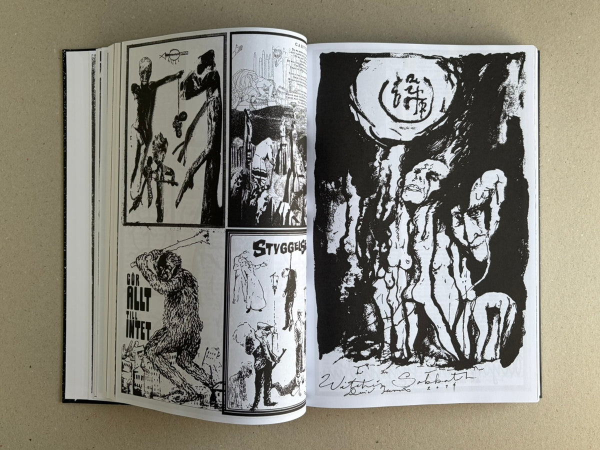 Open spread from GIFTNÅLEN no 1 – Kristian Olsson, showing black-and-white collage and ink drawings across two pages.