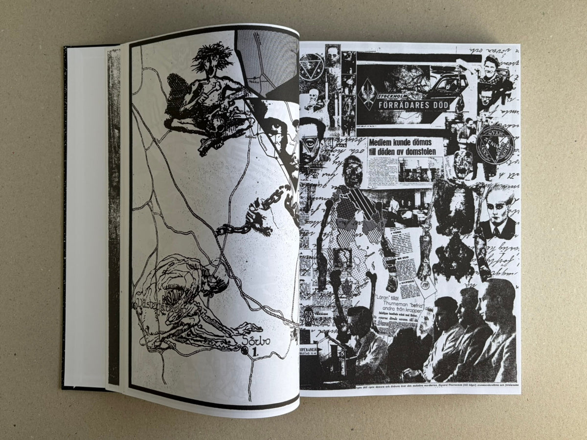 Open spread from GIFTNÅLEN no 1 by Kristian Olsson, showing black-and-white collage pages with drawings, cut-out figures, newspaper clippings, and handwritten marks.