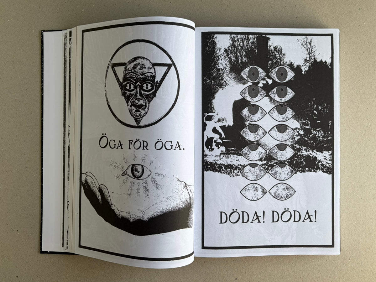 Open spread from GIFTNÅLEN no 1 by Kristian Olsson, showing black-and-white collage pages with occult imagery and Swedish text.