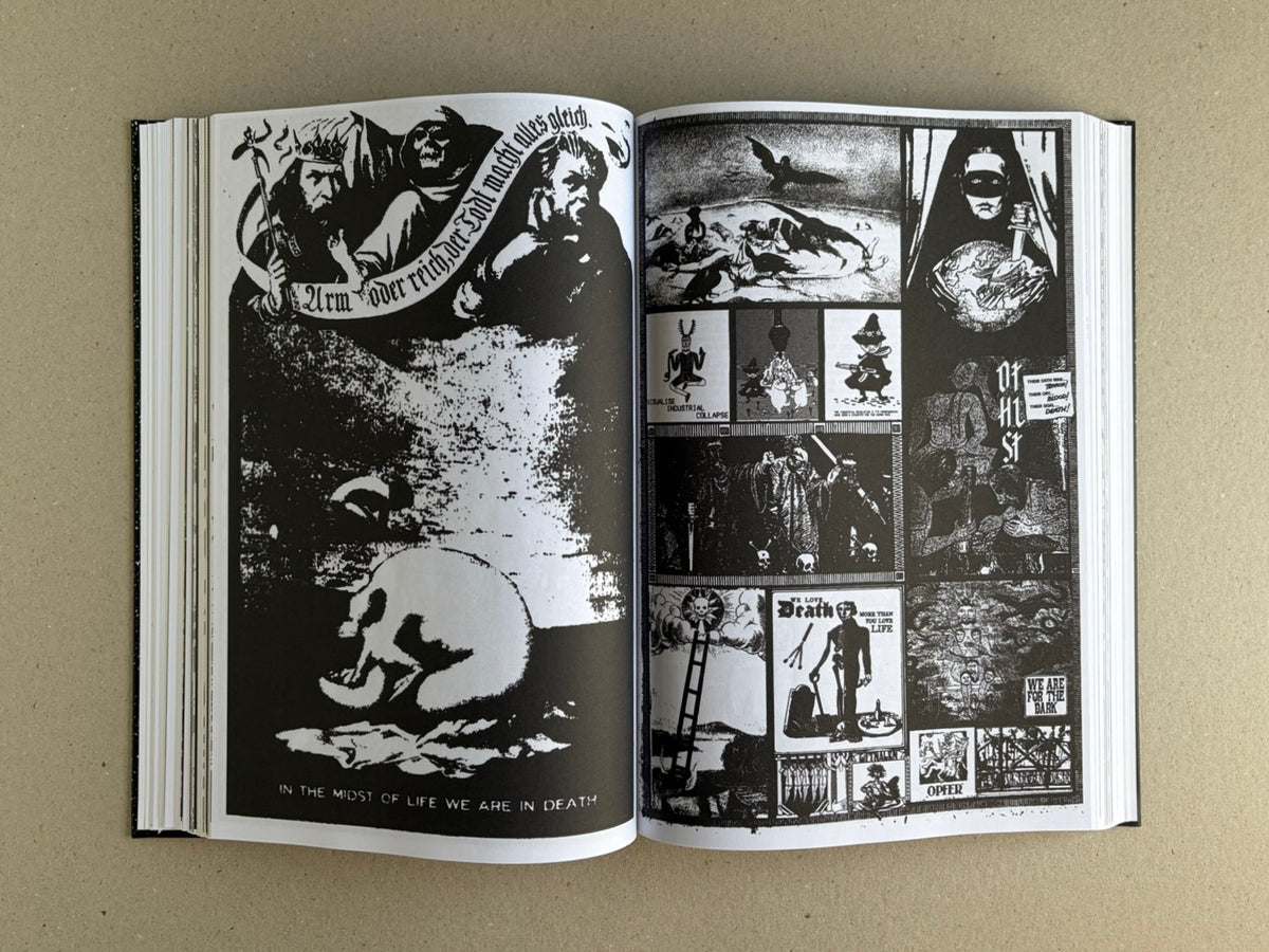 Open spread from GIFTNÅLEN no 1 by Kristian Olsson, showing black-and-white collage pages with occult and anarchic imagery.