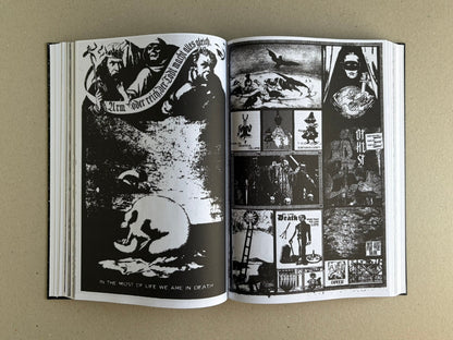 Open spread from GIFTNÅLEN no 1 by Kristian Olsson, showing black-and-white collage pages with occult and anarchic imagery.