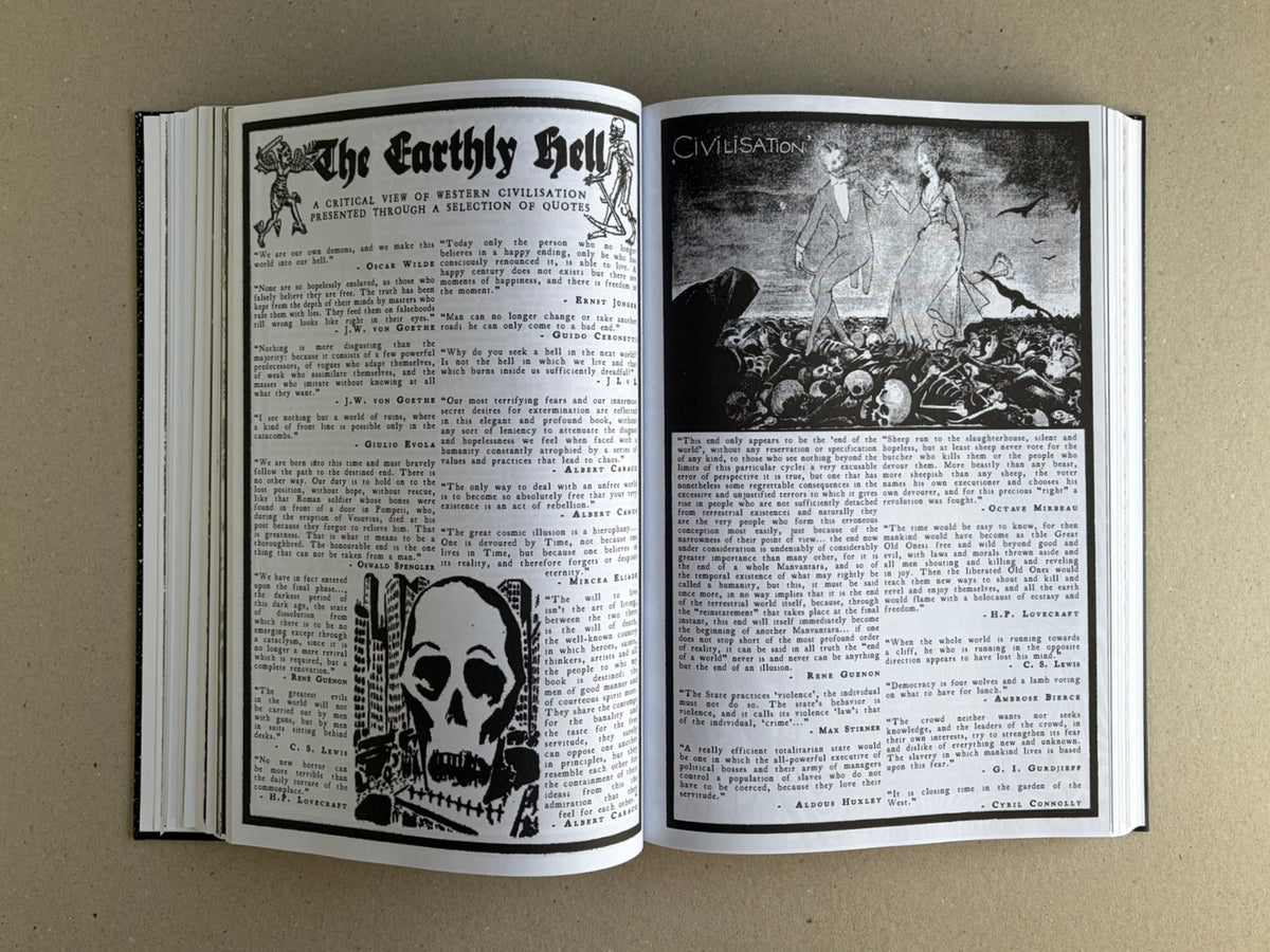 Open spread from GIFTNÅLEN no 1, showing dense black-and-white collage pages with text, skull imagery, and an illustration of two figures above a field of bones.