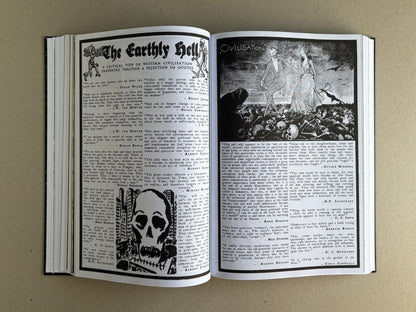 Open spread from GIFTNÅLEN no 1, showing dense black-and-white collage pages with text, skull imagery, and an illustration of two figures above a field of bones.