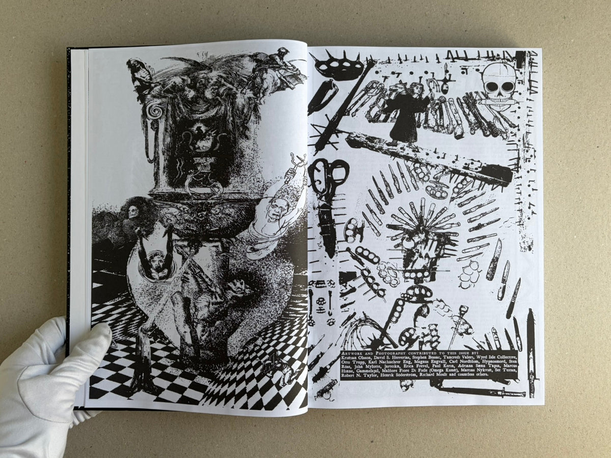 Open spread from GIFTNÅLEN no 1 by Kristian Olsson, showing black-and-white collage illustrations and dense graphic marks across both pages.