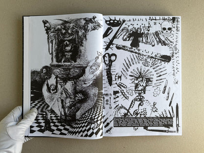 Open spread from GIFTNÅLEN no 1 by Kristian Olsson, showing black-and-white collage illustrations and dense graphic marks across both pages.