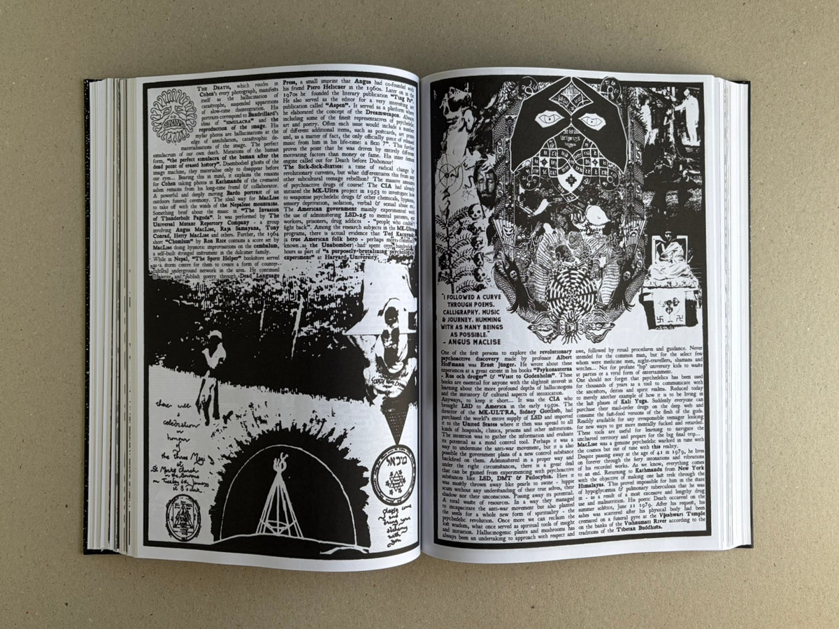 Open spread from GIFTNÅLEN no 1 by Kristian Olsson, showing dense black-and-white collage pages with text, drawings, and occult imagery.