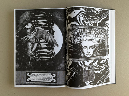 Open spread of GIFTNÅLEN no 1 by Kristian Olsson, showing black-and-white occult-style illustrations and a small title page at the bottom right.