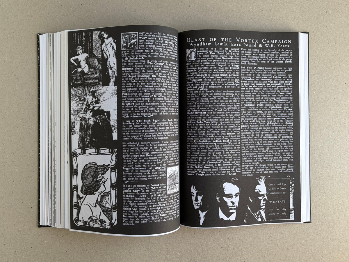 Open spread from GIFTNÅLEN no 1 by Kristian Olsson, showing dense black-and-white collage pages with text columns, occult imagery, and portrait fragments.
