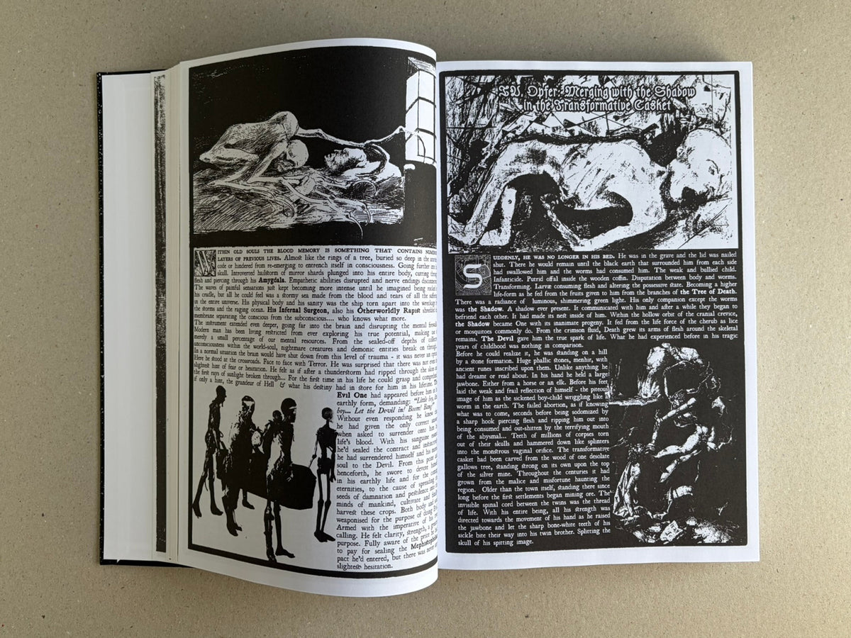 Open spread of GIFTNÅLEN no 1 by Kristian Olsson, showing black-and-white illustrated pages with dense text and occult imagery.